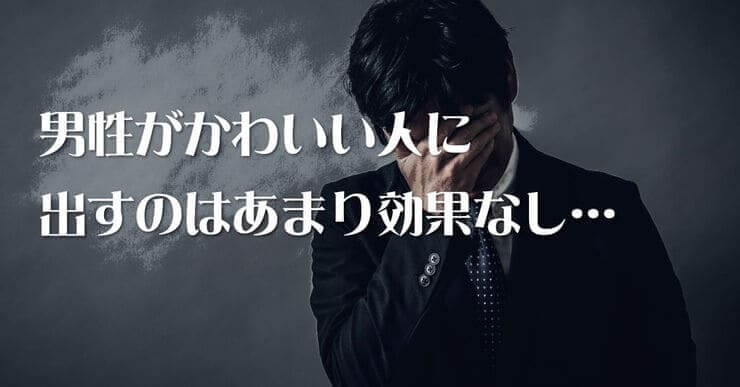 「男性がかわいい人に送るのはあまり効果なし」という文字と、落ち込んだスーツ姿の男性