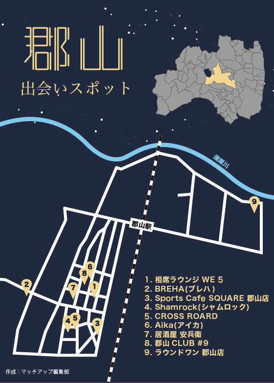 郡山の出会いスポット 郡山の出会いスポット9選の簡易的な位置情報を表す図