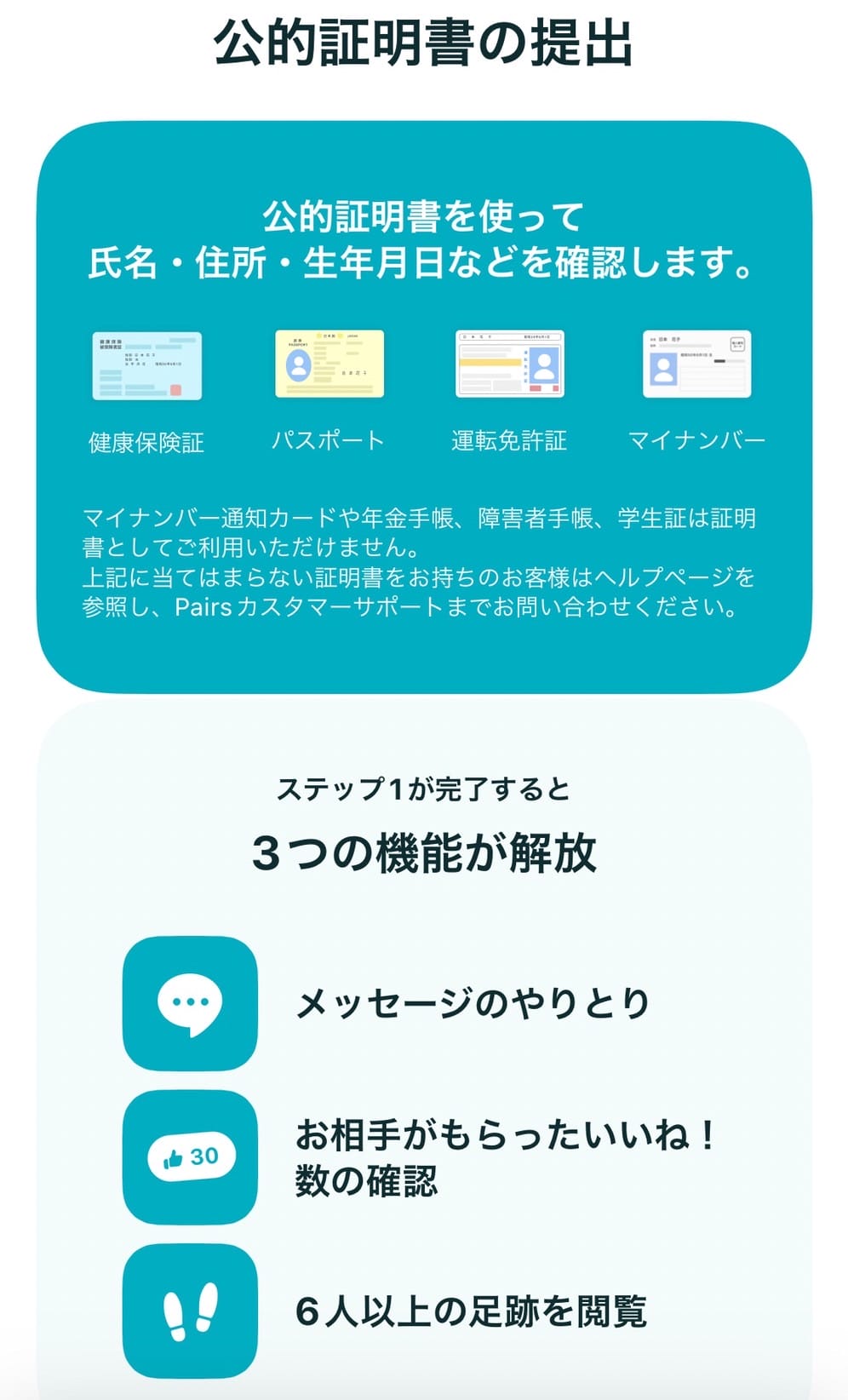 ペアーズの公的証明書の説明画面