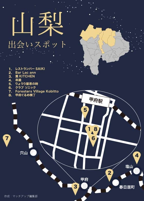 山梨の出会いスポット 山梨の出会いスポット8選の位置を簡易的に表した地図