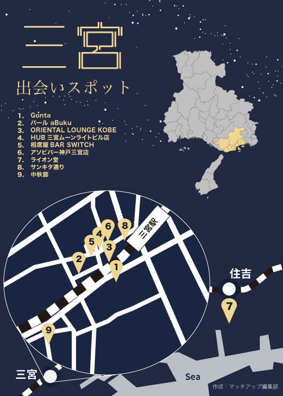 三宮の出会いスポット 三宮の出会いスポットの地図に関するイラスト 詳細は以下に記載