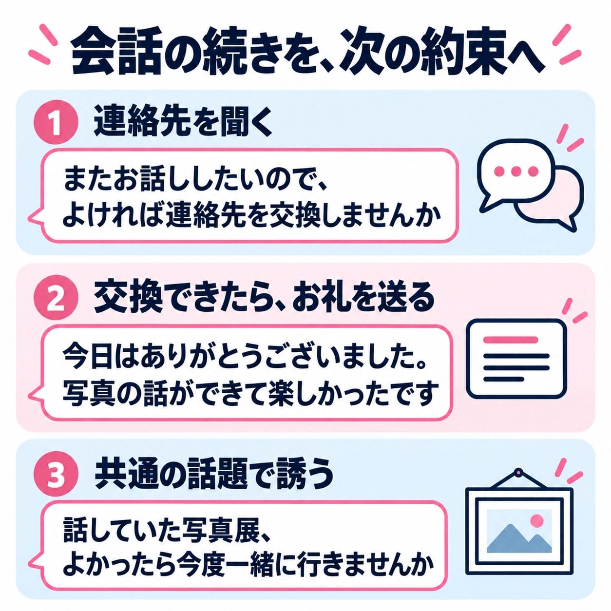 また話したい気持ちを伝え、連絡先の交換を提案する